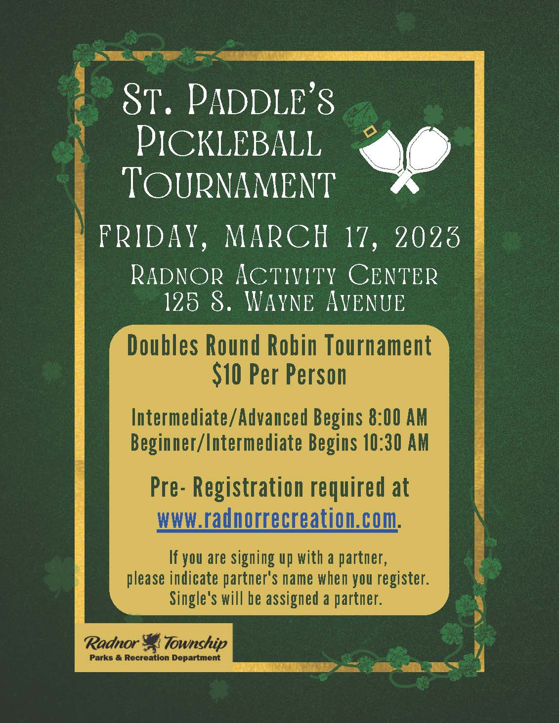 St. Paddle's Pickleball Tournament Flyer 2023.