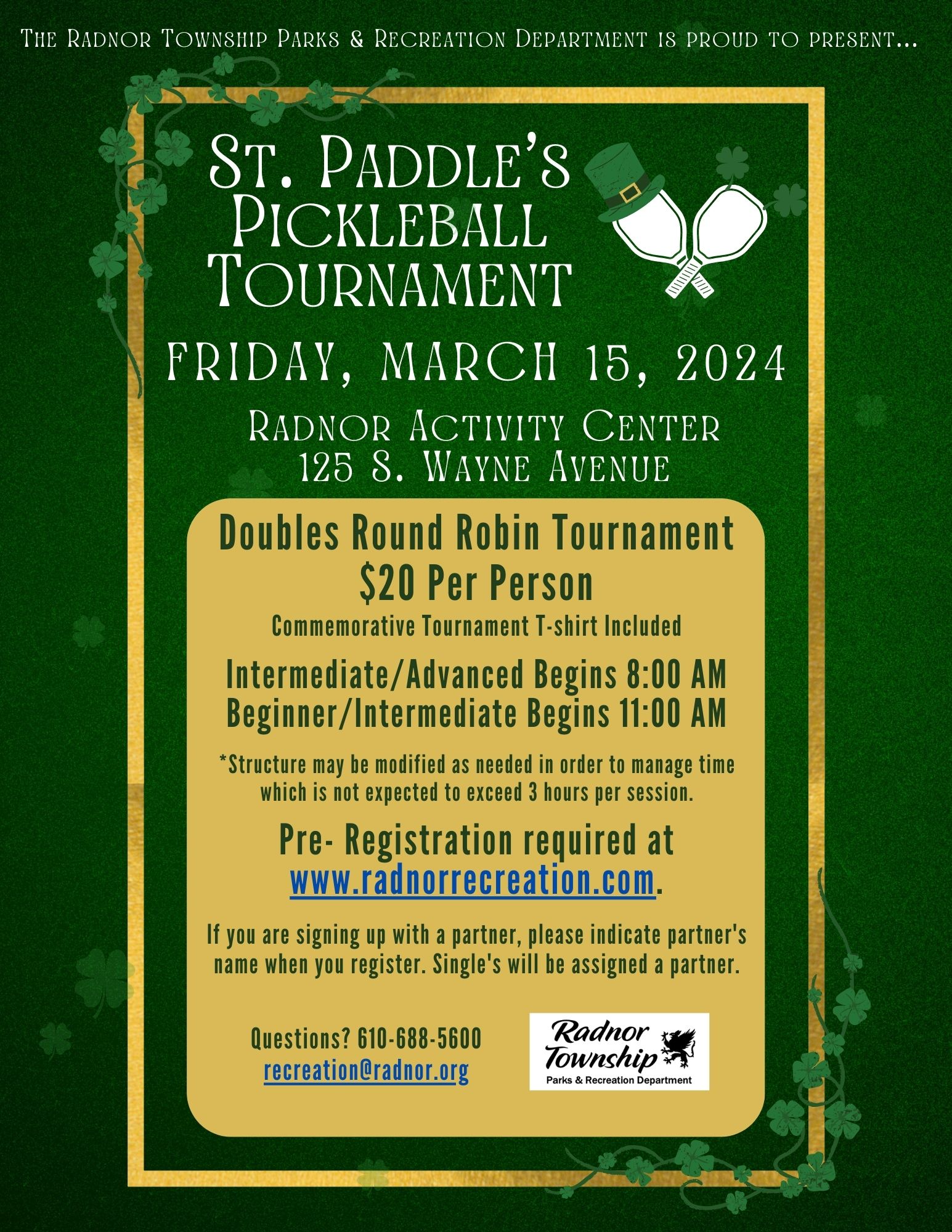 St. Paddle's Pickleball Tournament Flyer 2024